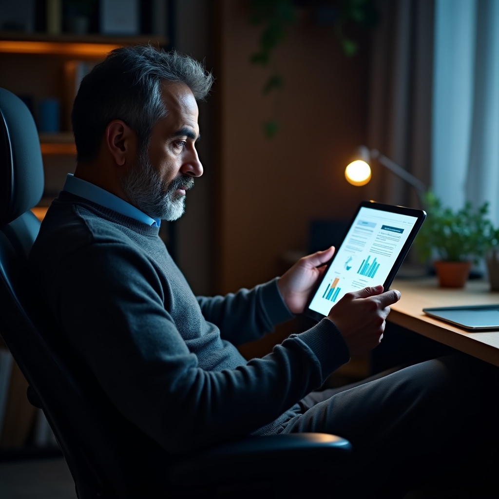 Tablet üzerinde dijital finans rehberi okuyan kişi